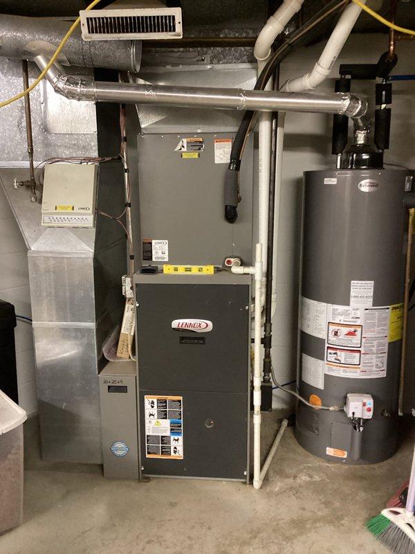 Performed routine furnace tune-up on 16-year-old FRP system. Inspected all components including clean filter, blower, electrical connections, and heat exchanger - all within specifications and no compromises found. System operation verified with 60-degree temperature rise in high fire and proper zone functionality. Noted rusted flange connection on exhaust piping that should be monitored during future maintenance visits.