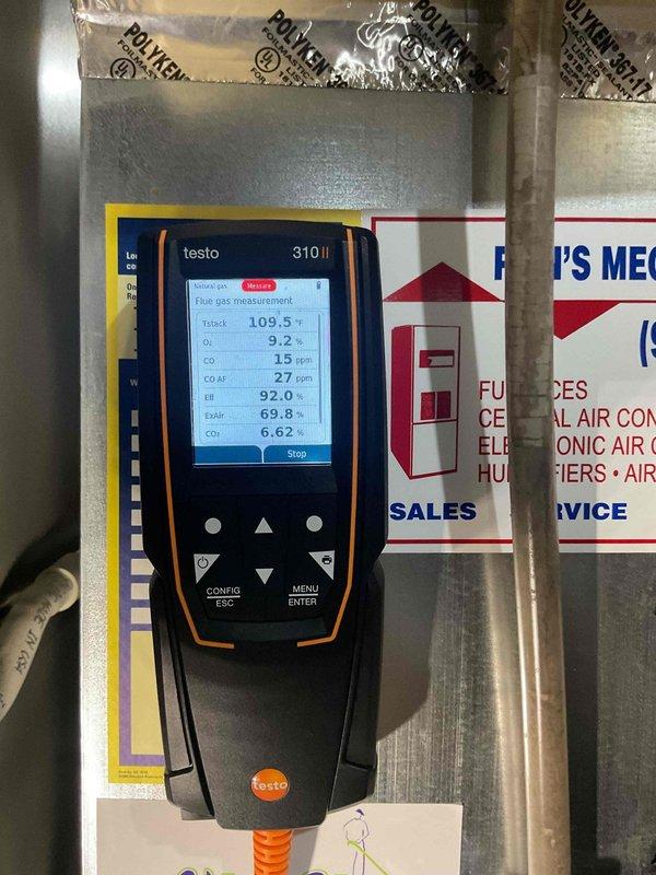 Completed annual maintenance on 18-year-old furnace. Performed standard tune-up procedures including combustion analysis showing 92% efficiency with acceptable CO levels (15 ppm). Replaced dirty air filter and verified proper operation of all components.