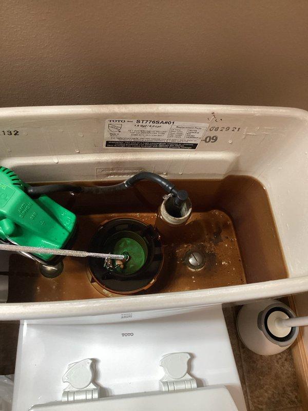 Responded to customer concern regarding previously installed carbon filter causing skin issues, black residue in toilets, and foul odors in laundry. Inspection of TOTO toilet revealed significant mineral deposits and discoloration inside tank. Examined Hurlburt water treatment system and determined bypass of carbon filter was necessary. Successfully bypassed carbon filter to address customer's water quality complaints.