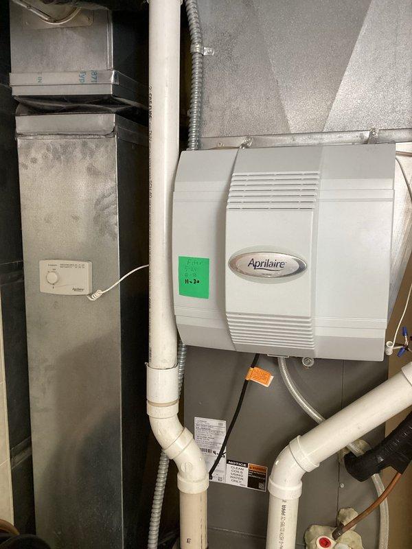 Responded to service call for Aprilaire humidifier not functioning following recent Lennox furnace installation. Diagnostic inspection revealed improper wiring configuration. Corrected the issue by properly connecting humidifier to W and C terminals on the furnace control board to ensure operation during heating cycles. System tested successfully with humidifier now activating appropriately when heat calls occur.