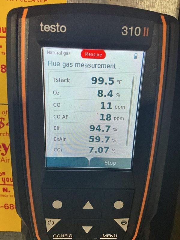 Performed scheduled furnace tune-up and comprehensive inspection on 10-year-old unit. Diagnostic testing with Testo 310 II analyzer revealed combustion parameters within acceptable range, but identified critical issues including failing inducer motor and ignitor. Inspection of heat exchanger showed significant damage with visible leakage points, indicating imminent safety hazard. Recommended complete furnace replacement as repair is not viable; existing issues will ultimately compromise AC system function as well.