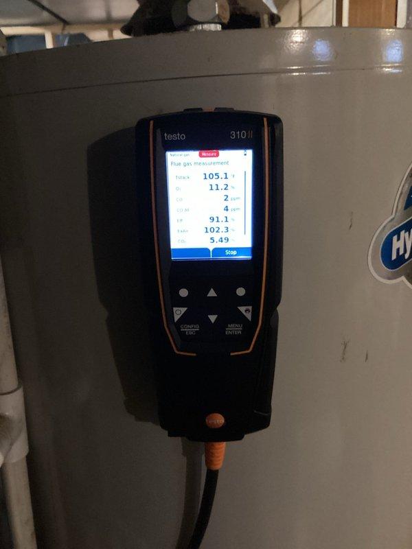 Performed scheduled preventative maintenance on 26-year-old furnace under bi-annual service agreement. Completed comprehensive tune-up including heat exchanger inspection which showed no safety concerns despite age-related cabinet rust. Diagnostic testing with Testo 310M confirmed proper combustion efficiency and electrical parameters within specification. System is operating safely though approaching end of useful service life.