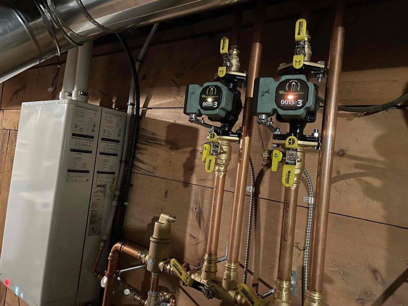 Responded to callback for insufficient heat on 2nd level. Diagnostic testing revealed inadequate temperature transfer between primary loop (180°) and secondary loops (only reaching approximately 110° at registers). Inspected closely-spaced tees causing flow turbulence and poor hydraulic separation. Attempted bleeding the system with minimal air discharge, confirming a flow design issue rather than air entrapment. Consulted with management regarding potential repiping solution to increase distance between tee sets for proper hydraulic separation.