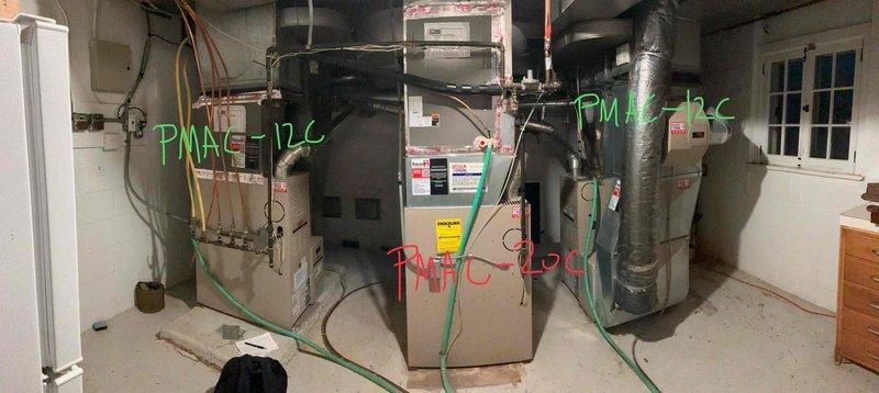 Responded to customer callback regarding filter sizing discrepancies for three furnaces (2 PMAC-12C, 1 PMAC-20C). Inspected all units, documented correct filter sizes, photographed equipment with proper part numbers labeled, and provided customer with this visual reference for future filter purchases.
