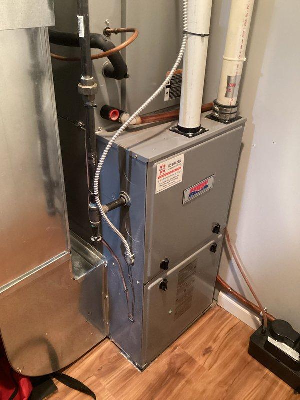 Performed routine furnace tune-up on an 11-year-old FRP unit. Replaced dirty filter, inspected all components finding electrical systems within specification despite inducer motor making noise (documented with video). Heat exchanger integrity verified with no compromises, system operation tested with proper gas pressures and temperature rise of 65 degrees. Discussed noisy inducer motor with customer (previously replaced under warranty 5 years ago) and recommended future estimate for replacement, which customer opted to defer.