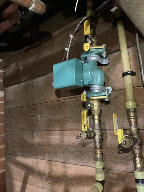 Successfully installed a new Taco circulator pump to restore heating functionality for client's all-season porch. System is now properly circulating water through the heating loop, effectively resolving the heating issue. Verified proper operation after installation with all components functioning as designed.