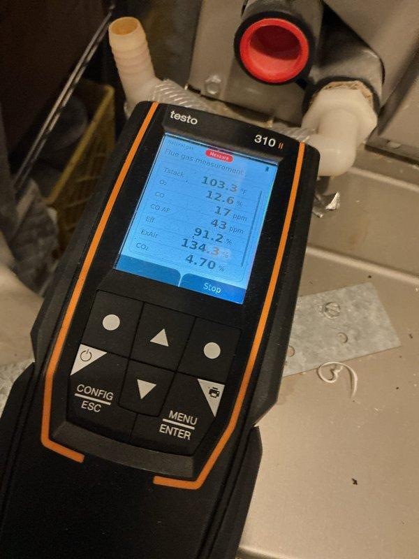 Performed annual furnace maintenance on 11-year-old high-efficiency system in condo unit. Completed standard tune-up procedures including cleaning flame sensor and filter replacement. Combustion analysis showed satisfactory efficiency readings (91.2%) with acceptable CO levels (17 ppm) and normal operating temperature (103.3°). System is currently functioning properly.