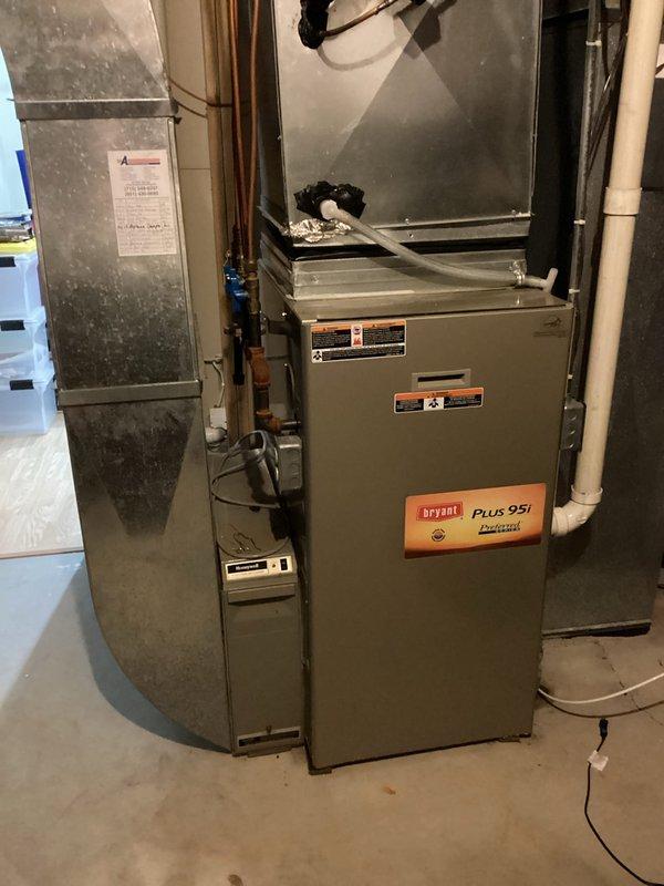 Performed routine maintenance on 14-year-old Bryant Plus 95i furnace. Cleaned flame sensor and condensate trap which had significant buildup. Inspection revealed early signs of secondary heat exchanger deterioration, though no current compromise to system integrity. All electrical components tested within specifications, air filter and blower wheel were clean, and furnace is operating normally. Advised homeowner about secondary heat exchanger condition and recommendation to consider replacement in spring.