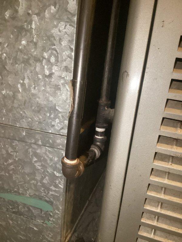 Responded to a gas leak service call where customer had gas shut off to home due to leak from corner joint. Upon inspection, found faulty main brass core valve was the source of the leak. Removed old damaged valve and installed new replacement valve. Performed pressure test after installation to verify repair integrity and confirm no further gas leaks present.