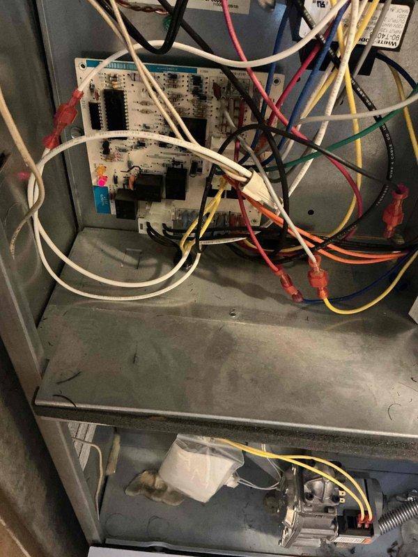 Responded to no heat complaint on a 2-year-old Revolv furnace system. Diagnosed electrical connectivity issue between control board and thermostat. Replaced thermostat batteries and verified proper operation of all system components. Inspected circuit board connections and confirmed all wiring terminals were secure. System tested and confirmed to be functioning normally with proper heating cycle restoration.