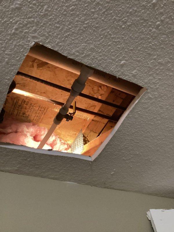 Installed new frost-free hose bibb utilizing existing connections and cut a 14"x14" access panel in ceiling to facilitate repair. Access panel was properly sealed and finished to match surrounding ceiling texture after completing installation.