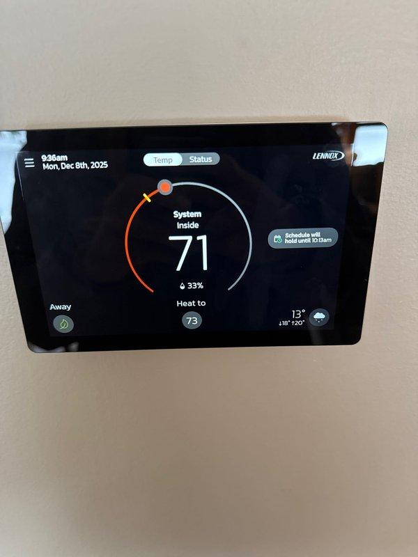 Diagnosed thermostat reading 2-3 degrees off from actual room temperature. Set thermostat to circulate mode to address uneven heating between floors. Tested heating system operation and confirmed proper functionality. Submitted request for room sensor installation to improve temperature differential readings.