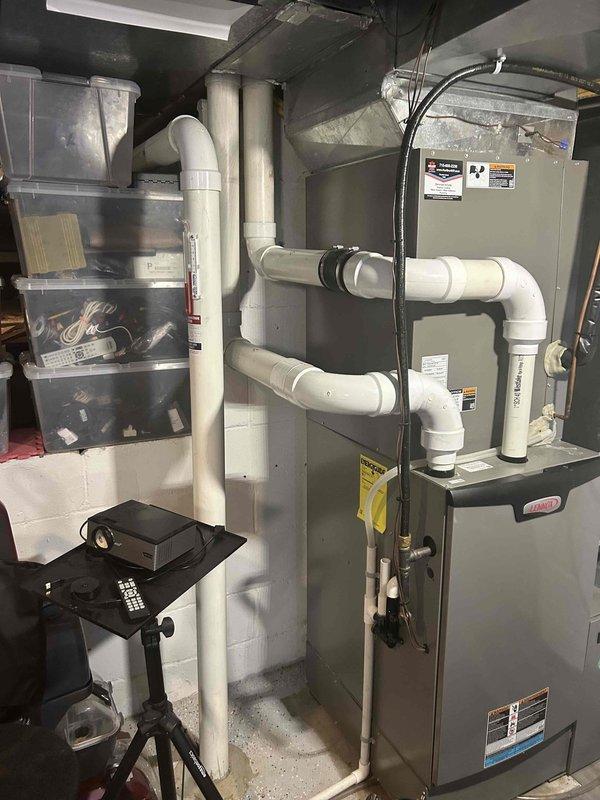 Performed comprehensive maintenance on 1-year-old FRP furnace. Completed full system inspection including heat exchanger examination, combustion analysis testing, gas pressure verification (high and low stage), and inspection of flame sensor, burners, and blower components. All components functioning normally with no immediate concerns identified. Cleaned pressure switch, checked thermostat operation, and replaced air filter. System is heating properly and operating within normal parameters.
