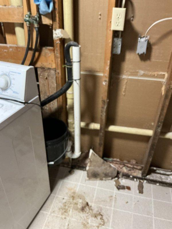 Located and repaired a water leak caused by a nail puncture in the copper supply line. Replaced the damaged section of piping in the utility area behind the washing machine where exposed framing and piping were accessible. Tested the repaired section to ensure proper water flow with no leaks.