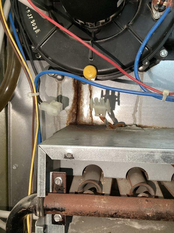 Responded to no-heat call for natural gas furnace 10+ years of age. Diagnosed failed ignitor, signs of cold end header box leakage, and early-stage burner deterioration. Performed visual inspection of heat exchanger which showed acceptable condition. Installed new ignitor, tested system operation with satisfactory results.