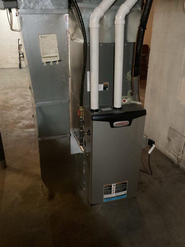 Performed annual furnace tune-up on 1-year-old FRP system. Verified clean air filter, noted beginning accumulation on blower and secondary components, and advised customer to increase filter replacement frequency. Inspected heat exchanger (no compromises found), tested electrical components (all within specifications), and confirmed proper gas pressures and venting. System operated correctly during 15-minute test cycle. Customer reported water softener leakage issue; scheduled follow-up appointment with plumbing specialist.