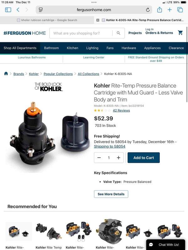 Diagnosed intermittent hot water issue in shower. Determined faulty cartridge as root cause. Ordered replacement Kohler K-8305-NA Rite-Temp Pressure Balance Cartridge to restore proper shower function.