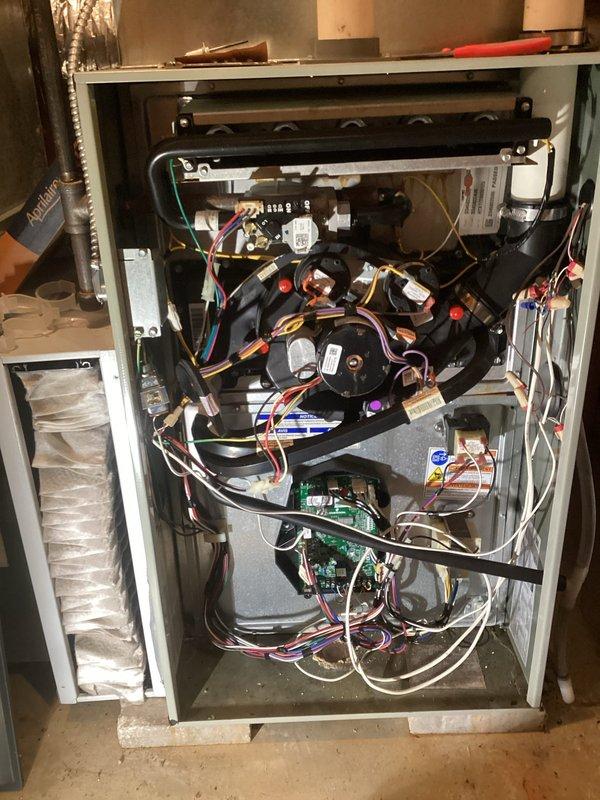 Performed routine furnace tune-up on 8-year-old FRP unit. Inspected components including filter (noted as requiring replacement), blower (clean and balanced), and heat exchanger (no compromises). Identified leaking inducer seal at collector box causing noise and potential electrical hazard. Tested system operation for 20 minutes with proper gas pressures and verified venting integrity. Customer requested estimate for inducer motor repair.