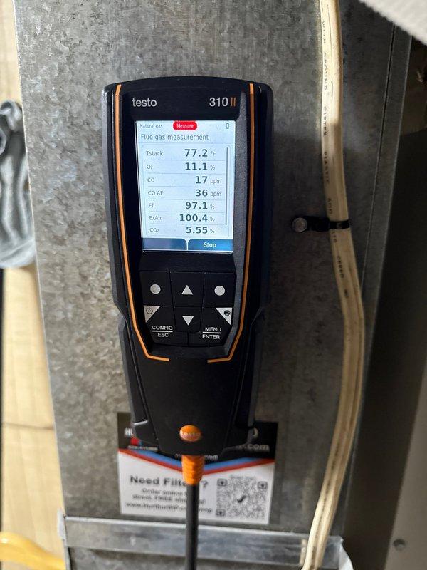 Performed annual membership tune-up on 1-year-old Lennox furnace. Confirmed system is clean, operating safely with good filter condition, and properly maintained flame sensor and ignitor. Combustion analysis indicated excellent efficiency (97.1%) with normal CO levels and proper air/fuel mixture.