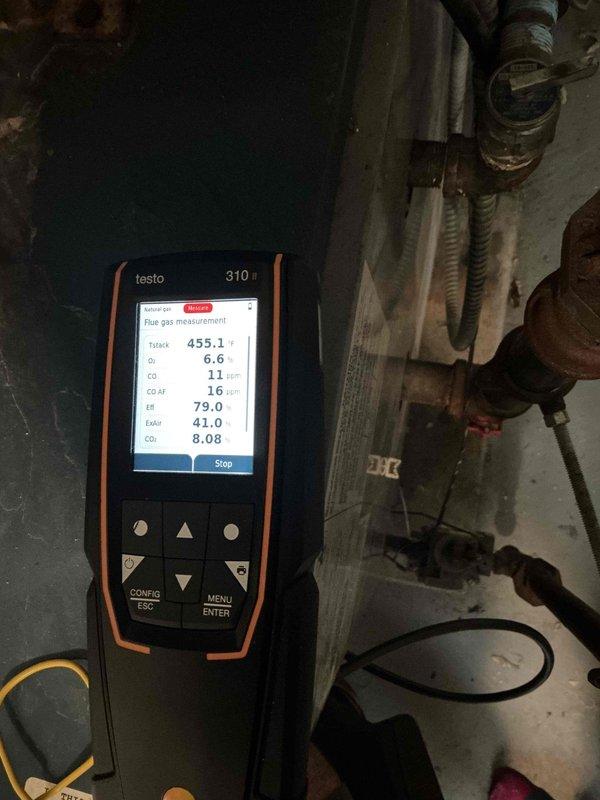 Responded to no-heat complaint at rental property. Diagnosed 14-year-old Utica boiler and discovered a disconnected wire on zone valve for unit one. Reconnected wire which restored proper operation to the affected zone. Verified all other zones functioning correctly. Performed combustion analysis with Testo 310 confirming 79.0% efficiency and safe CO levels (11 ppm). No leaks detected in system.
