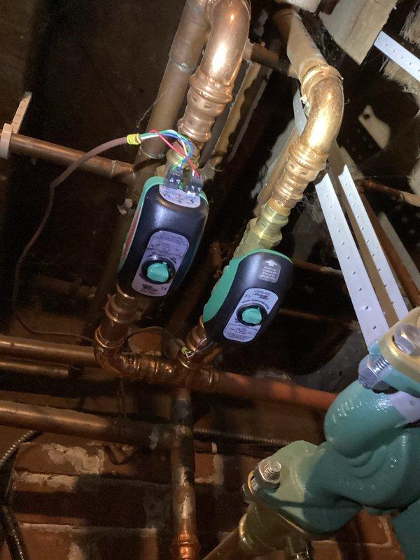 Responded to service call for noisy zone valve operation. Replaced defective zone valve head on hydronic system with new part sourced from Meno. Post-installation testing confirmed proper valve operation with no noise during opening/closing cycles.