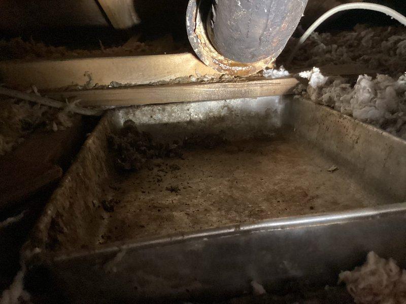 Responded to emergency ceiling leak in bedroom caused by deteriorated cast iron 90-degree fitting. Upon inspection in crawlspace, identified severe corrosion on cast iron pipe junction with active drip. Installed temporary drain pan to capture leakage and prevent further ceiling damage. Provided customer with estimate for complete replacement of the compromised cast iron section.