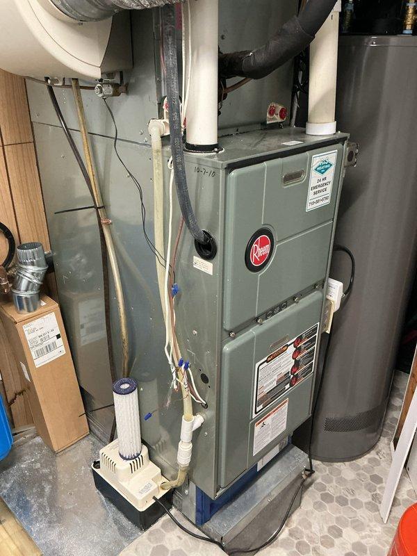 Responded to customer complaint of buzzing noise from Rheem furnace during operation. Diagnosed issue as faulty transformer causing disturbing noise during night hours. Successfully replaced transformer to eliminate the buzzing sound and restore quiet operation.