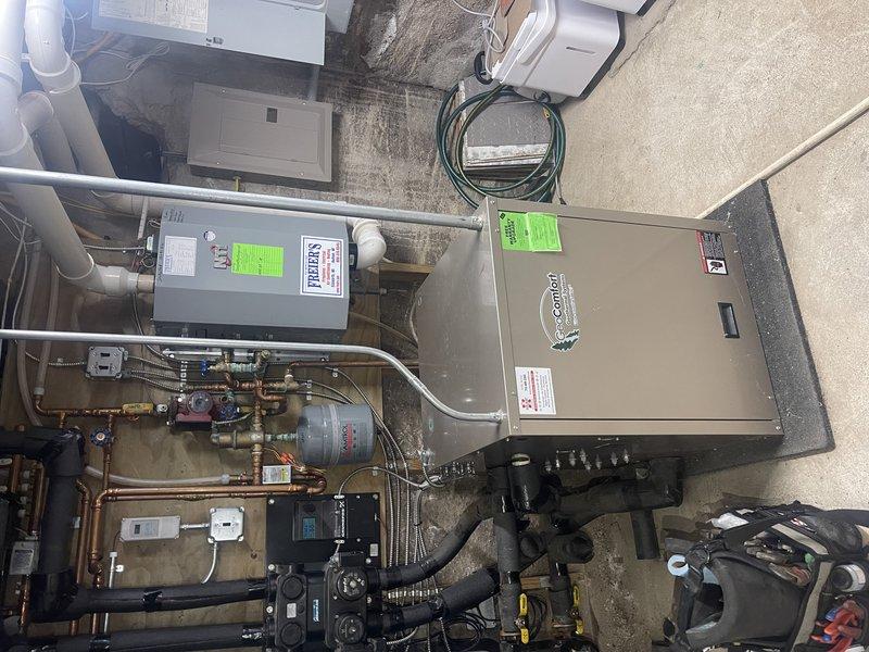 Performed geothermal system maintenance per membership agreement. Diagnosed system locked out on low pressure fault code. Tested pressure sensor continuity and performed board jump test - both confirmed control board failure rather than actual low pressure condition. Arranged for replacement control board to be ordered through Parts department, noting potential warranty coverage.