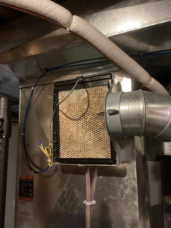 Performed annual furnace tune-up on 2-year-old FRP heat pump system. Replaced dirty humidifier pad and filter. Inspected all components including blower (clean and balanced), electrical components (within spec), condensate lines (clear), and heat exchanger (no compromises). System operated normally during 15-minute test run with 60-degree temperature rise. Reviewed whole home dehumidifier operation with customer per their request.
