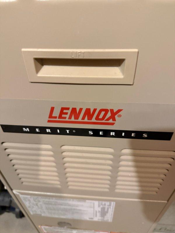 Diagnosed Lennox Merit Series furnace with no heat complaint. Verified 24V to gas valve but no gas flow. Visual inspection revealed burn damage on control board at gas valve output connection. Heat exchanger was inspected and cleared. Advised customer that control board replacement is required to restore heating function.