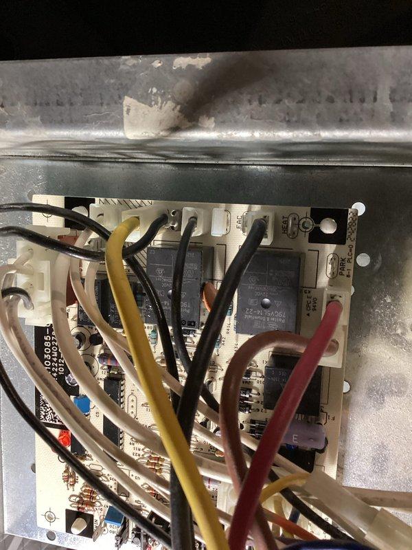 Replaced faulty single stage control board on furnace. During testing, discovered and remedied an incorrect terminal connection by temporarily wiring blower motor to humidifier terminal to restore heat functionality. Parts order submitted for replacement board to properly complete installation at follow-up service.