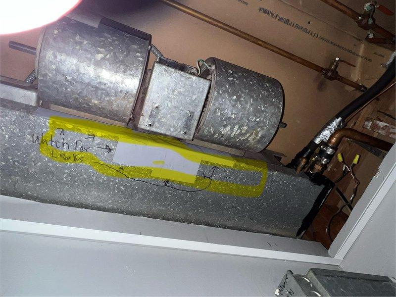 Responded to no heat call for boiler system. Upon inspection, identified heating failure caused by blockage in ventilation ductwork. Cleared obstruction and applied leak detection tape to monitor potential leak points in galvanized metal ducting. System now operating at normal parameters with proper heat distribution.