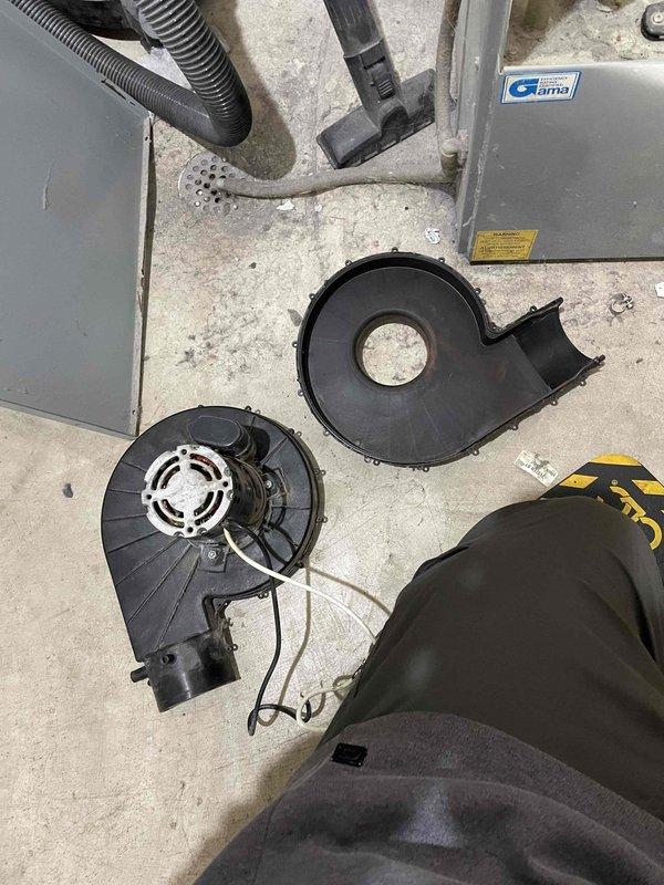 Performed diagnostic on no heat call for aging natural gas furnace. Found unit partially disassembled upon arrival with damaged inducer motor housing (plastic components broken). Visual inspection revealed rusty heat exchanger though no obvious compromises detected. Due to unit condition and uncertain parts availability, recommended system replacement. Initiated parts search for inducer motor and scheduled consultation with comfort advisor.