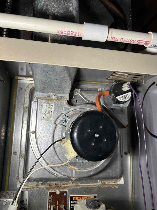 Performed comprehensive furnace tune-up on approximately 20-year-old natural gas system. Conducted full inspection of heat exchanger, combustion analysis, gas pressure verification, and examination of flame sensor and burners. Inspected inducer motor after customer concern about noise; found no issues. Cleaned pressure switch, checked blower motor and wheel, and tested thermostat operation. System is currently functioning properly with no immediate concerns identified. Recommended air filter replacement as current filter is in moderate condition.