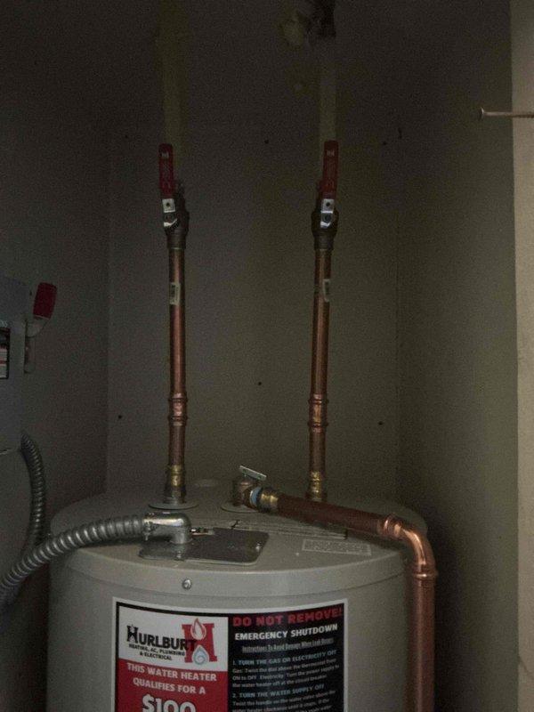 Successfully installed new Hurlbut water heater in utility area. Completed all necessary plumbing connections including copper supply/return lines with appropriate shutoff valves and flexible gas line connection. System was properly secured and tested for operation following standard emergency shutdown protocols.
