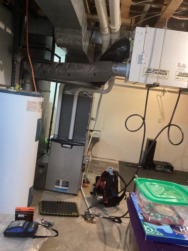 Performed furnace tune-up and identified root causes of home condensation issues. Corrected furnace pitch that was causing condensate leaks from the secondary, and sealed intake/exhaust penetrations at siding with silicone to prevent water intrusion. Verified all electrical components within specifications, heat exchanger integrity intact, and confirmed proper system operation with 65-degree temperature rise.