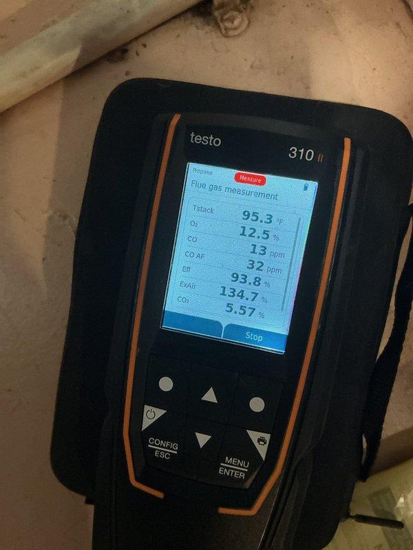 Performed diagnostic service on 9-year-old furnace that was cycling irregularly and failing to maintain thermostat temperature. Identified dirty flame sensor as the root cause, cleaned the component, and performed system verification. Combustion analysis with Testo 310 II confirmed proper operation with 93.8% efficiency and normal CO levels. No abnormal noises detected during operation, and temperature split measurements were within specification.