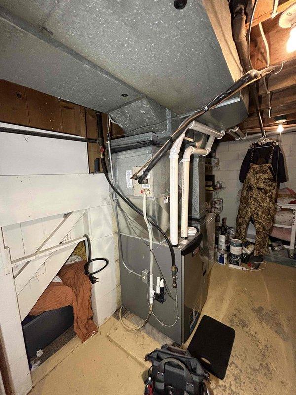 Performed scheduled furnace tune-up on 3-year-old FRP system. Conducted comprehensive inspection including heat exchanger examination, combustion analysis, gas pressure verification at high/low stages, and assessment of flame sensor, burners, and blower components. Replaced severely fouled air filter with new Healthy Climate Solutions Carbon Clean 16 (MERV 16) filter, cleaned pressure switch, and verified proper thermostat operation. System is functioning normally with no immediate concerns identified.