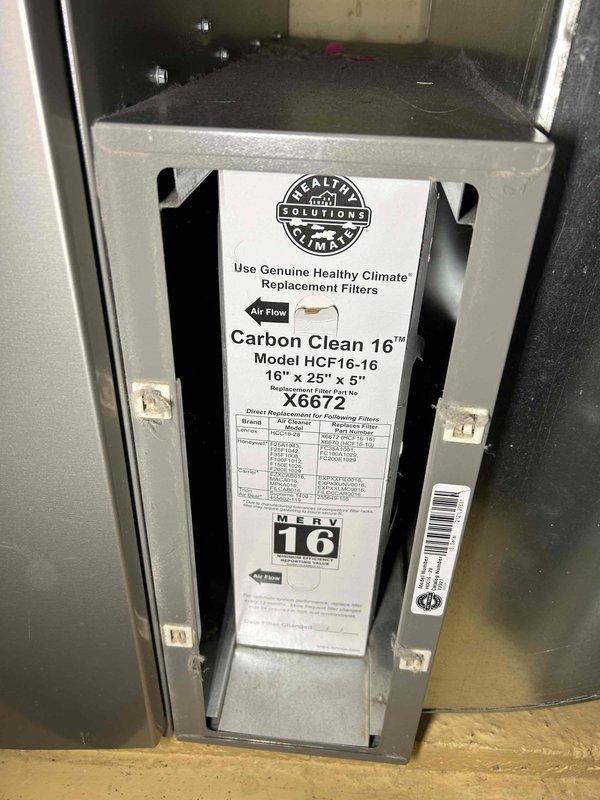 Performed scheduled furnace tune-up on 3-year-old FRP system. Conducted comprehensive inspection including heat exchanger examination, combustion analysis, gas pressure verification at high/low stages, and assessment of flame sensor, burners, and blower components. Replaced severely fouled air filter with new Healthy Climate Solutions Carbon Clean 16 (MERV 16) filter, cleaned pressure switch, and verified proper thermostat operation. System is functioning normally with no immediate concerns identified.