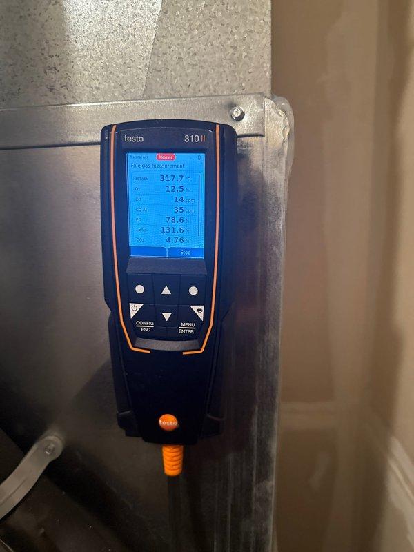 Performed routine maintenance on recently installed furnace (January 2024). Conducted complete system inspection and combustion analysis using Testo 310 II analyzer, confirming proper burn characteristics and optimal operation. All components including gas valve and control module were examined with no issues detected. System is operating at peak efficiency with all parameters within specification.