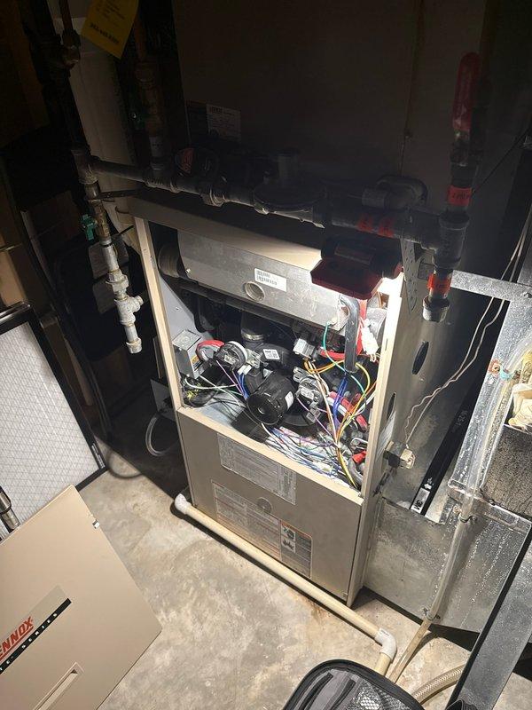 Performed annual maintenance service on 21-year-old furnace. System is operating safely with properly functioning ignitor, flame sensor, and solid electrical connections. Filter has approximately one month of serviceable life remaining; though unit is aging, it is currently functioning adequately.