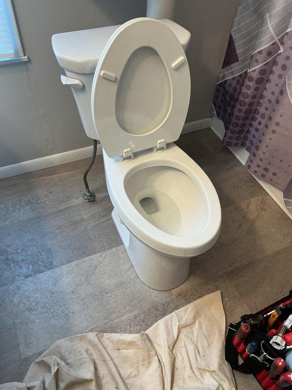 Replaced customer's existing toilet with new ADA-compliant elongated comfort height toilet as requested. Customer reported previous toilet had persistent flushing issues with flapper remaining open. Installed two-piece model with enhanced flushing power to address customer's concerns about performance.