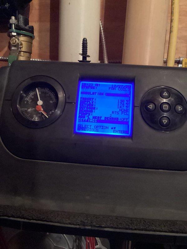 Responded to no-heat call for a boiler that had repeatedly shut off on high temperature safety limit. Observed system operation through both domestic hot water and fan coil heating cycles, confirming proper modulation and temperature control. Adjusted target temperature from 190°F to 185°F to prevent overshooting the 200°F limit. Noted main pump vibration and potential issues with domestic water pump flow, though system was functioning properly at time of departure.