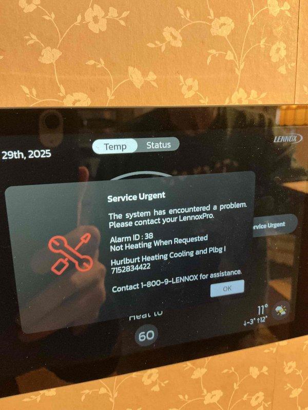 Responded to no-heat call for Lennox electric furnace with heat pump installed 7 months ago. Diagnosed fault codes 351 and 38 (loss limit switch) displayed on thermostat. Restored limit switch and reset power, which cleared the system codes and restored heating function. This marks the third service call for the same issue since installation.