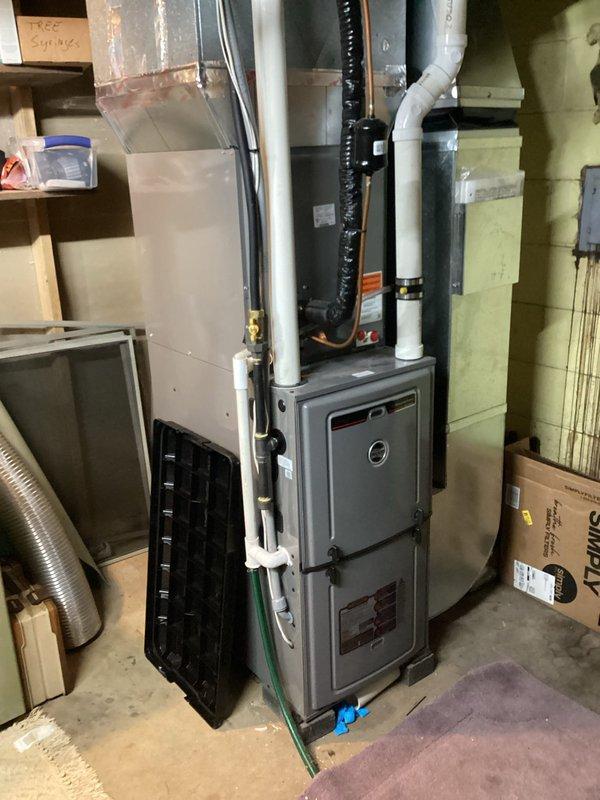 Performed routine maintenance on 5-year-old furnace system. Replaced customer-supplied dirty air filter, cleared condensate lines, inspected electrical components and heat exchanger with all found within specifications. System tested with proper operation confirmed by 45° temperature rise during 20-minute runtime test. Verified proper venting and gas pressures. Recommended spring maintenance for AC unit.