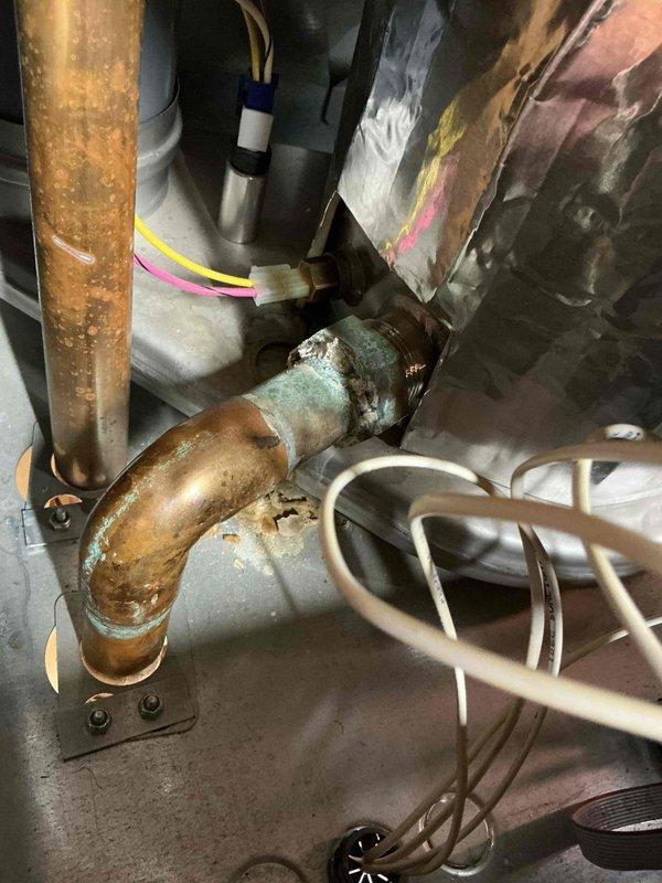 Replaced ignitor and spark rod along with venturi on furnace. Identified seized gas line to gas valve and complete loss of pressure indicating heat exchanger failure. System inspection revealed significant oxidation and corrosion on copper components, particularly at connection points. Recommended consultation with comfort advisor for complete system replacement.