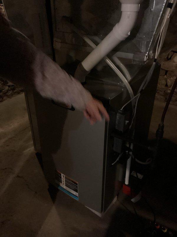 Diagnosed short cycling issue on 1-year-old furnace which was resolved by customer's recent filter change. Performed system inspection, verified proper gas pressure, cleaned flame sensor, and corrected condensate drainage by adjusting furnace pitch to ensure proper water flow toward front drain. System now operating with appropriate 55° temperature rise.