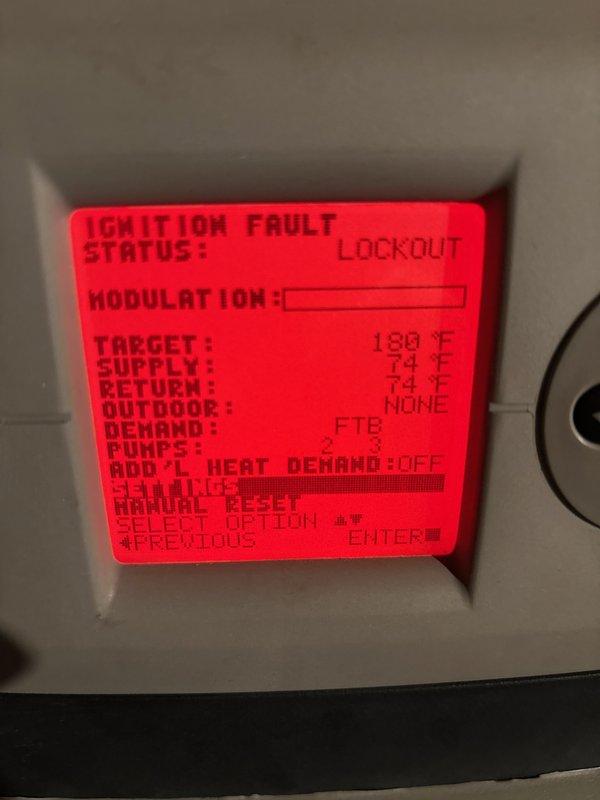 Responded to no-heat call for 10-year-old LP boiler system displaying ignition fault/lockout. Discovered severely plugged heat exchanger which was cleaned as part of a maintenance kit installation. After cleaning, identified and resolved combustion issues likely caused by either gas mixture changes following recent LP tank filling or previous throttle screw adjustment. Made necessary throttle screw adjustments to properly calibrate combustion on both low and high fire. Verified proper system operation for 20 minutes with stable ignition and performance restored.