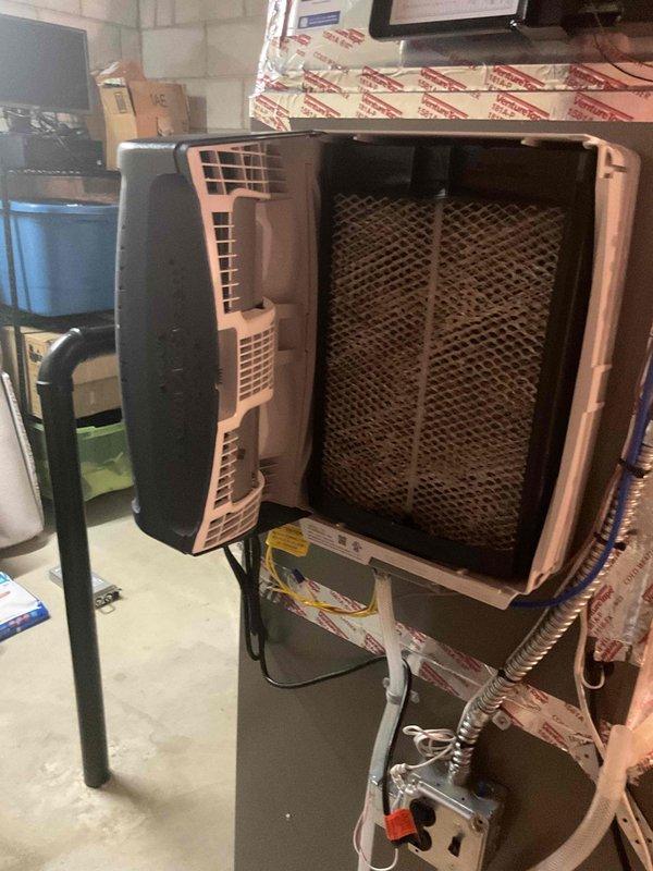 Responded to service call for excessive humidity after whole-home humidifier installation. Discovered humidity levels at 50-55% with humidifier running continuously due to improper wiring (jumper between R and H terminals providing constant power). Removed jumper to restore proper operational control and resolve the issue.