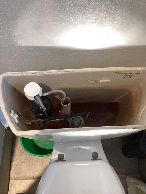 Responded to a service call for a constantly running toilet. Visual inspection revealed worn internal components causing continuous water flow. Replaced complete toilet flush mechanism including fill valve, flapper, and overflow tube to resolve the issue. Confirmed proper functionality with several test flushes after installation.